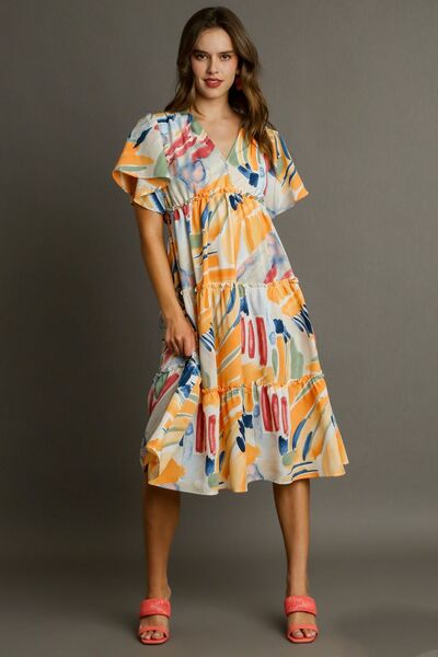 Umgee Abstract Print Flutter Sleeve Frill Tiered Midi Dress