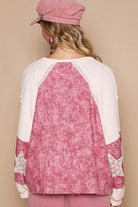 POL Berry Balloon Sleeve Ribbed & Lace Detail Floral Pattern V Neck Trendsi