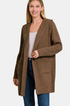 Zenana Brown Hooded Open Front Sweater Cardigan Cardigan