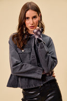 SO ME Black Denim Peplum Hem Front Button Jacket With Pockets