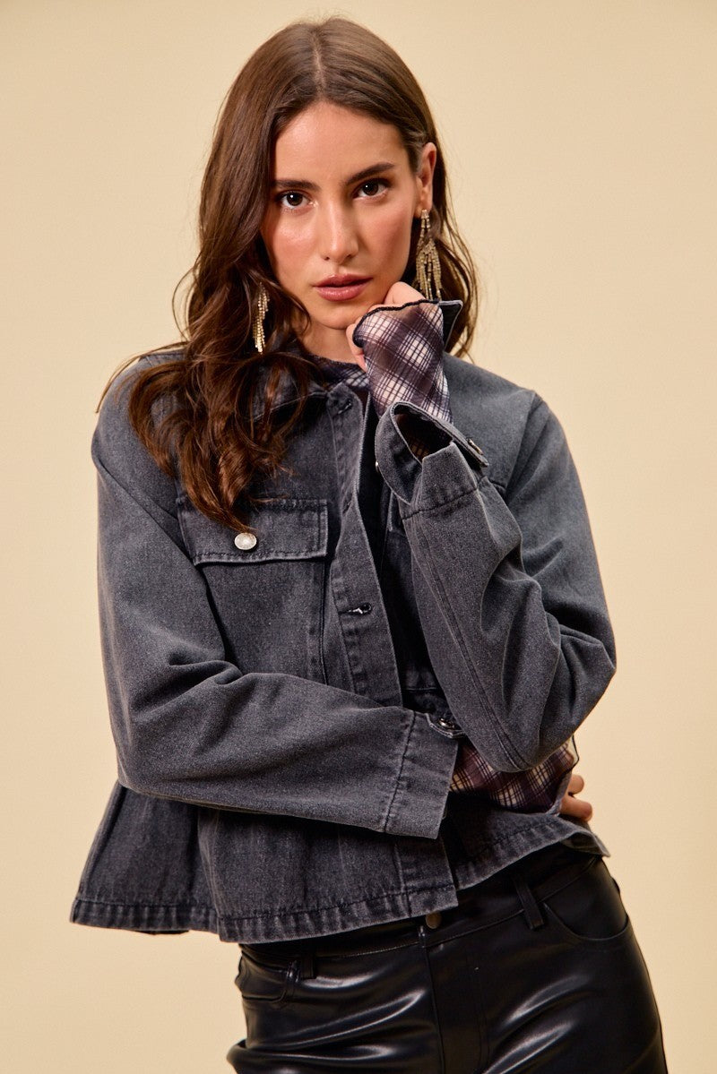 SO ME Black Denim Peplum Hem Front Button Jacket With Pockets