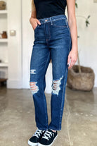 Judy Blue Dark Washed High Waist Rigid Magic Heavy Destroyef Straight Jeans Trendsi