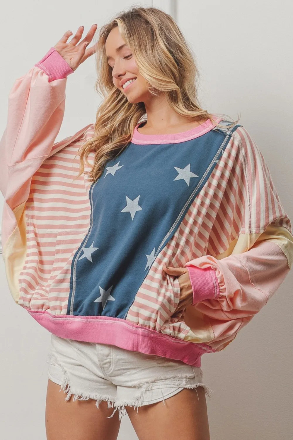 BiBi Stars and Stripes Round Neck Long Sleeve Top Blush Multi