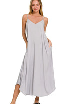 Zenana Light Gray Woven Arc Hem Cami Dress With Flowy Pockets LT GREY