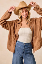 BiBi Camel Corduroy Relaxed Fit Shacket with Back Pleat