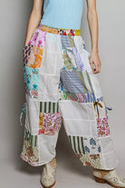 POL Ivory Multi Printed Bohemian Patchwork Wide Leg Pants with Adjustable Side Drawstring IVORY MULTI