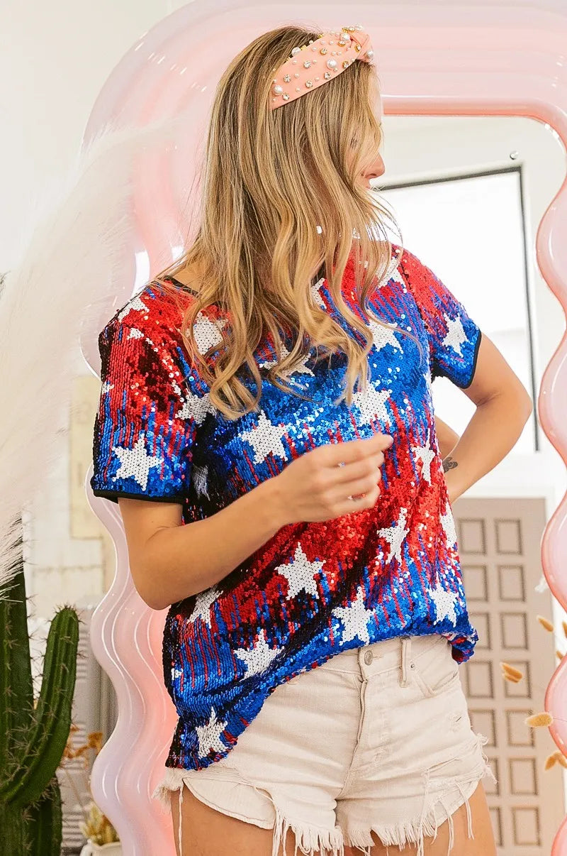 BiBi Red & Navy American Theme Star Pattern Sequin Top