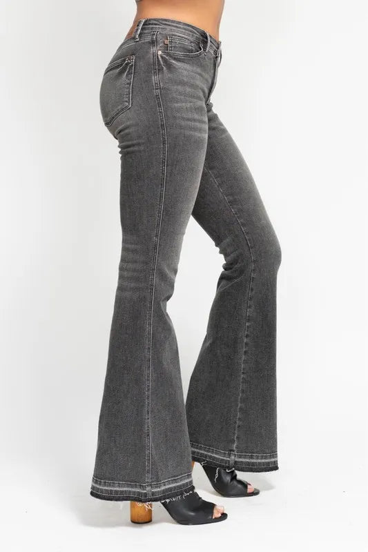 Judy Blue Gray Midi Rise Tummy Control Washed Gray Release Hem Flare Jeans