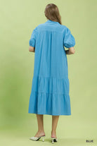 Umgee Blue Solid Tiered Midi Dress