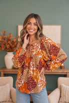 Haptics Autumn Patchwork Boho Blouse in Rust
