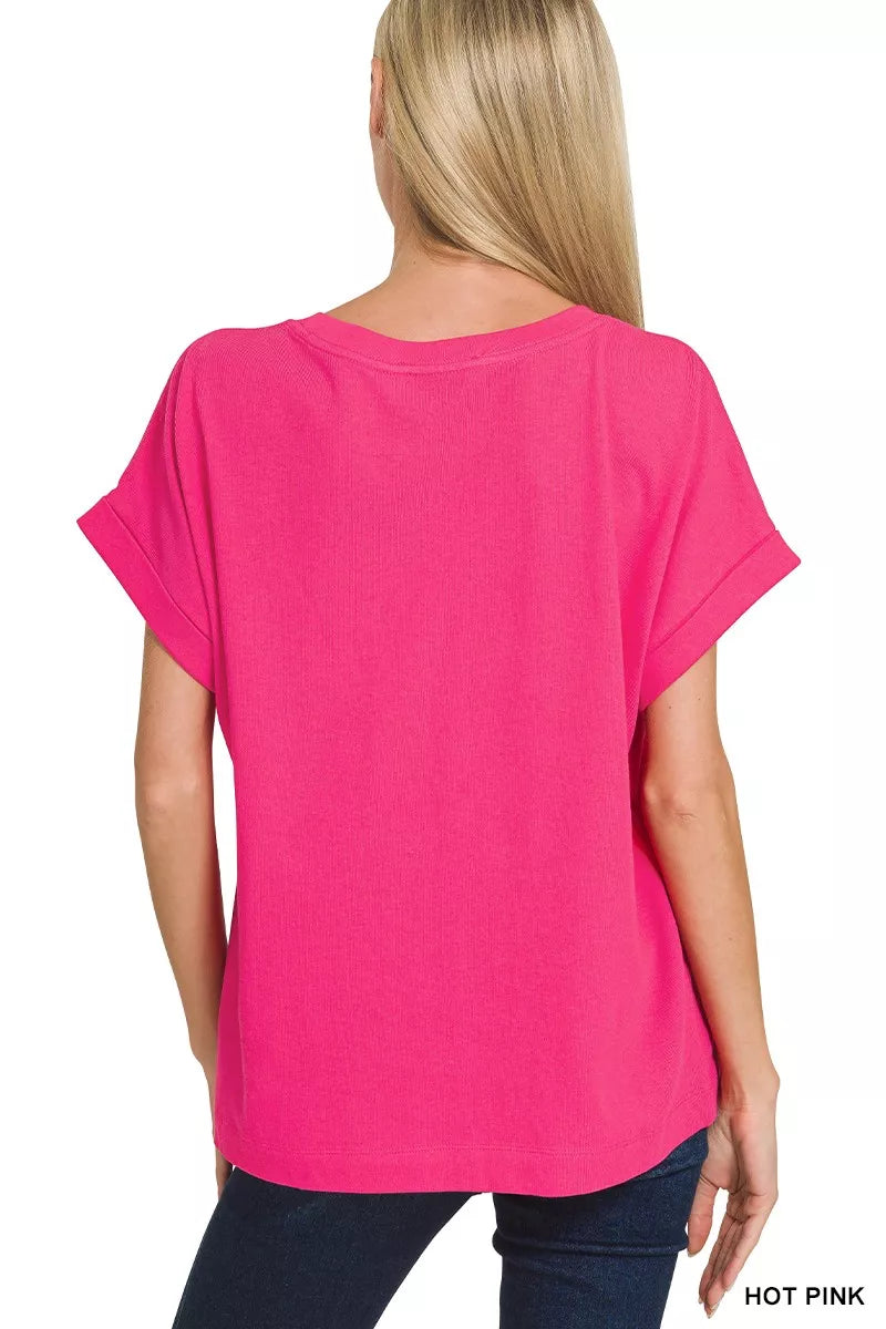 Zenana Hot Pink Cuffed Front Pocket Short Sleeve Tee