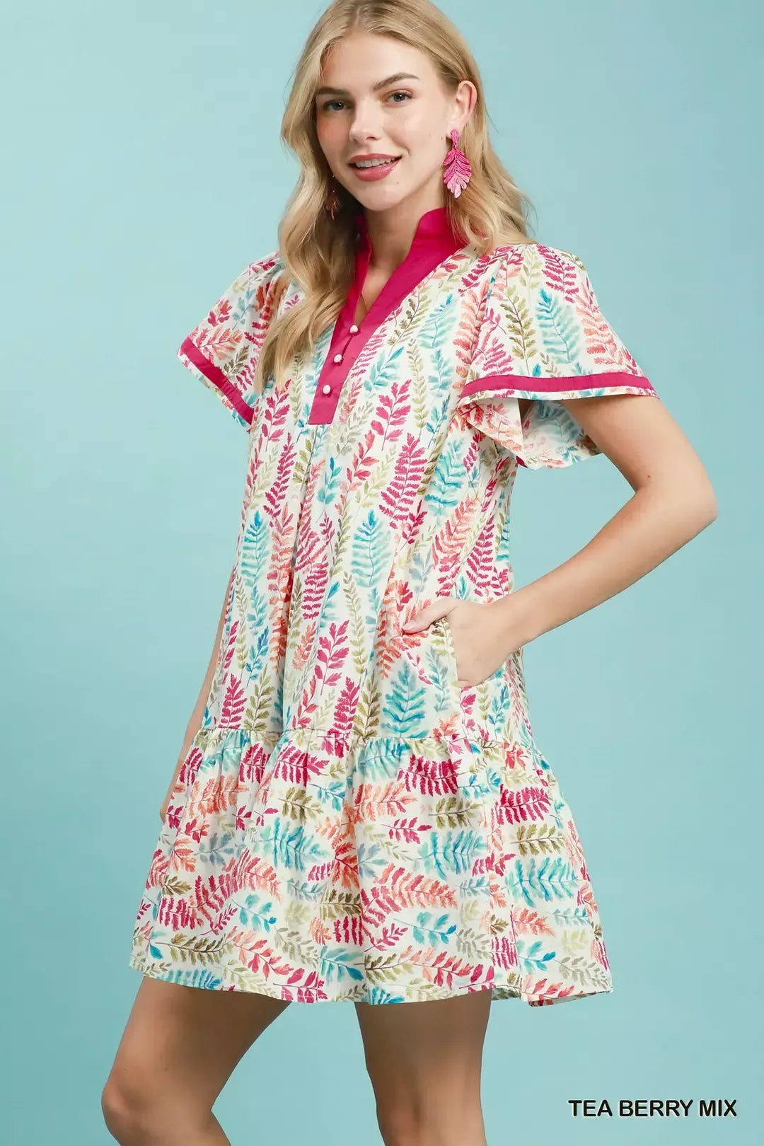 Umgee Tea Berry mix Leaf Print Flutter Sleeve Tiered Mini Dress
