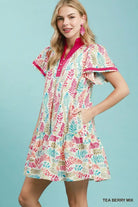 Umgee Tea Berry mix Leaf Print Flutter Sleeve Tiered Mini Dress