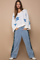 POL White Long Sleeve Star Patch Sweater Trendsi