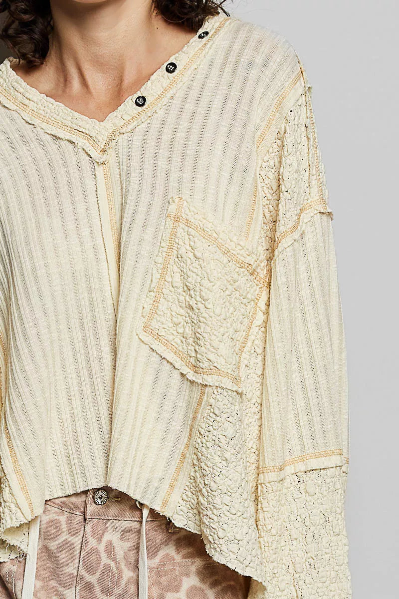 POL Natural V-Neck Long Sleeve Top with Stitch Detail