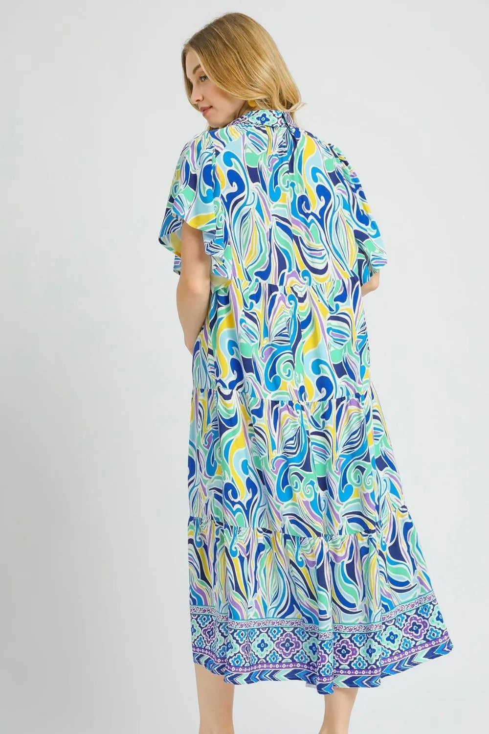 Umgee Pastel Blue Boho Swirl Printed Short Sleeve Tiered Midi Dress