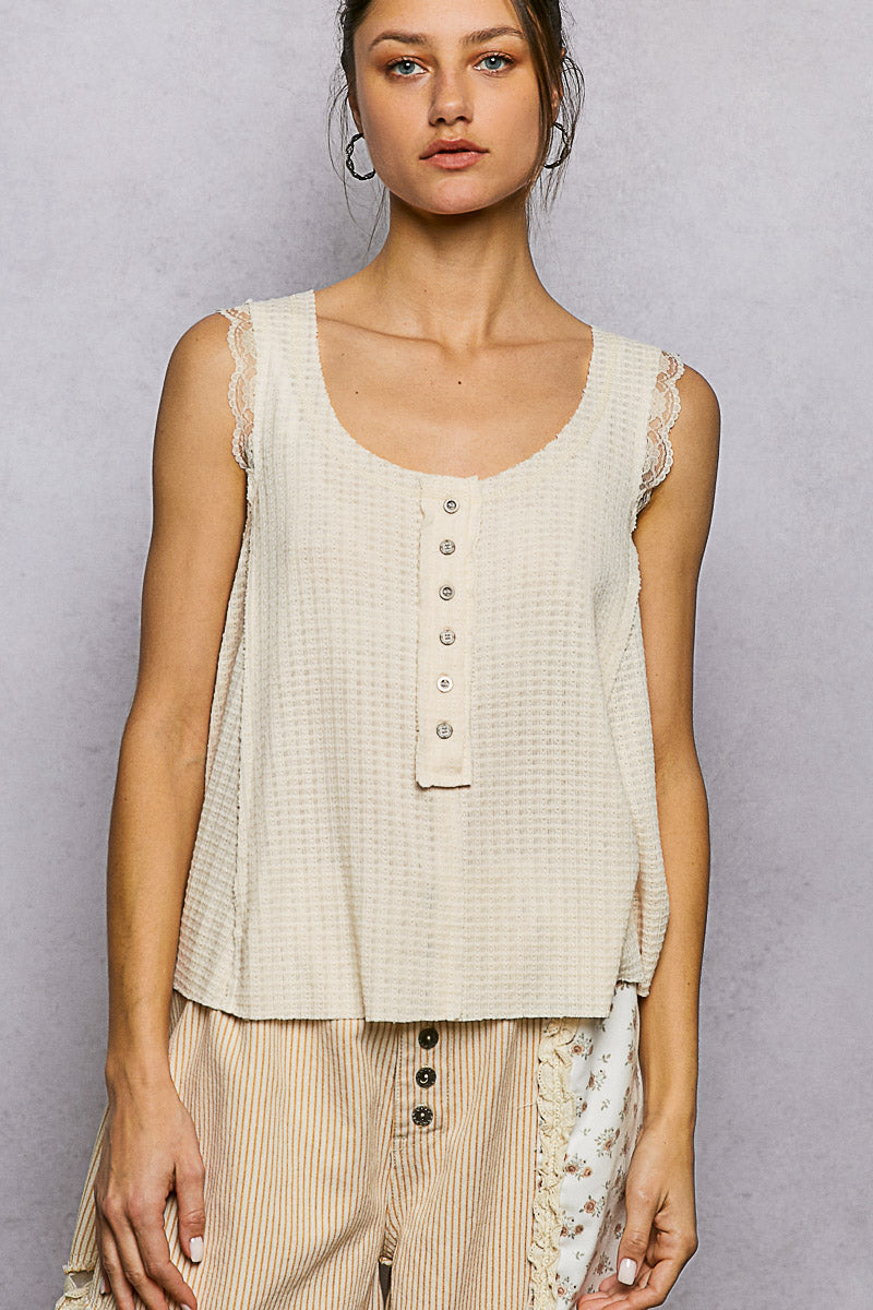 POL Vanilla Textured Knit Round Neck Tank with Lace Detail VANILLA