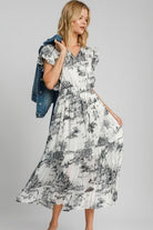 Umgee Two Tone Landscape Print Midi Dress Black