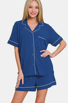 Zenana Navy Button Down Short Sleeve Top and Shorts Lounge Set Navy Loungewear Set