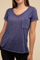 Washed Melange Burnout Scoop V-Neck Top LT NAVY ZENANA