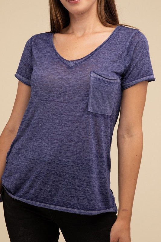 Washed Melange Burnout Scoop V-Neck Top LT NAVY ZENANA