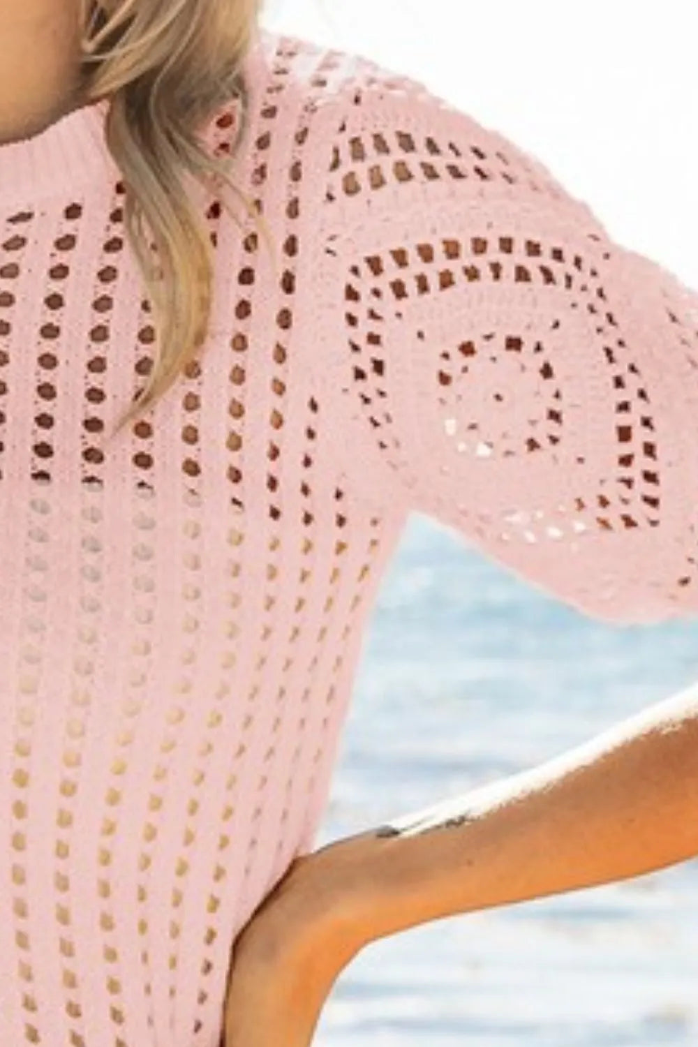 BiBi Blush Crochet Knit Top With Puff Sleeves