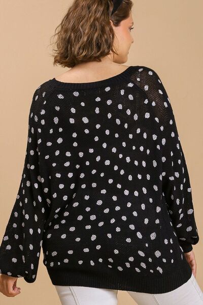 Umgee Black Dalmatian Hand Stamped Round Neck Sweater Plus Size