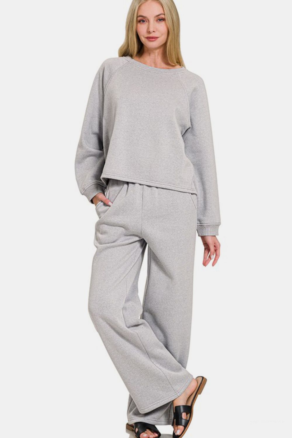 Zenana Round Fleece Neck Raglan Sleeve Top and Elastic Waist Pants Set in Gray Gray Loungewear