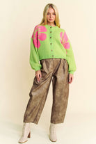 Davi & Dani Lime Flower Contrast Round Neck Long Sleeve Button Down Cardigan Shirts & Tops