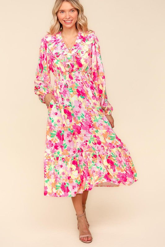 Haptics Frill V-Neck Shirred Waist Pink Floral Maxi Dress Dresses