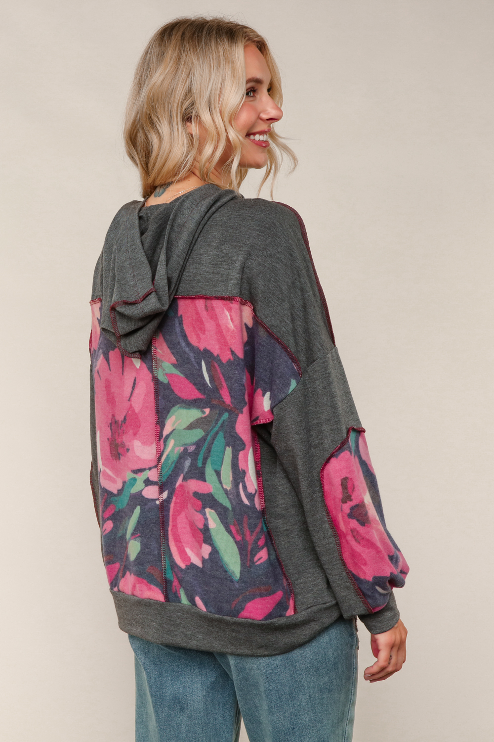 Haptics Charcoal Floral Color Block French Terry Hoodie