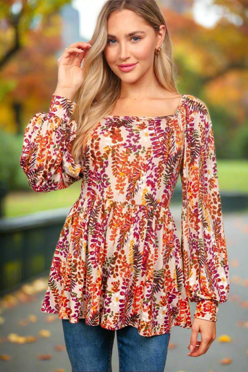 Haptics Taupe & Rust Floral Print Babydoll Bubble Sleeve Top Haptics