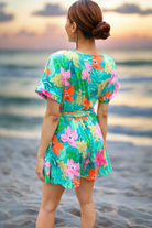 Haptics Tropical Vibes Turquoise Floral Surplice Tie Waist Romper Final Sale Haptics