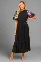 Haptics Black Floral Sequin Puff Sleeve Mock Neck Tiered Maxi Dress Haptics