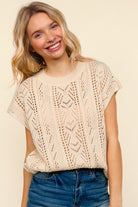 Haptics Beige Dolman Short Sleeve Crochet Sweater Top