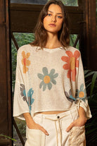 POL Ivory Flower Dropped Shoulder Long Sleeve Knit Top Shirts & Tops