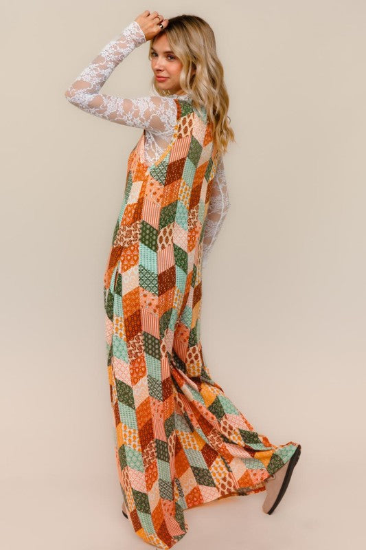 Haptics Button Down Boho Patchwork Wide Leg Jumpsuit