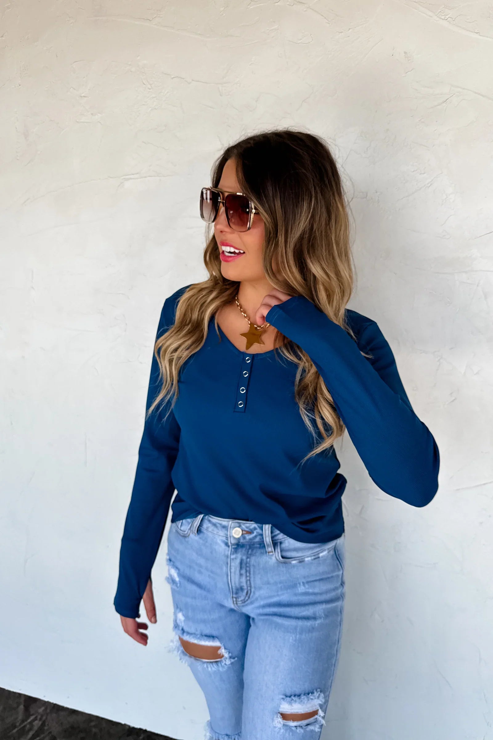 PREORDER: Blakeley Fall Brooklyn Snap Henley Top Blue Womens