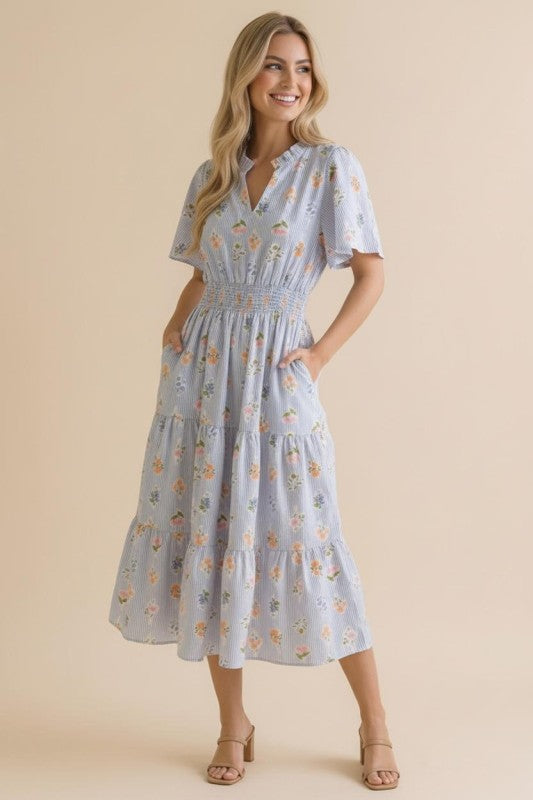 Haptics Flutter Into Late Summer Sweet Striped Floral Midi Dress