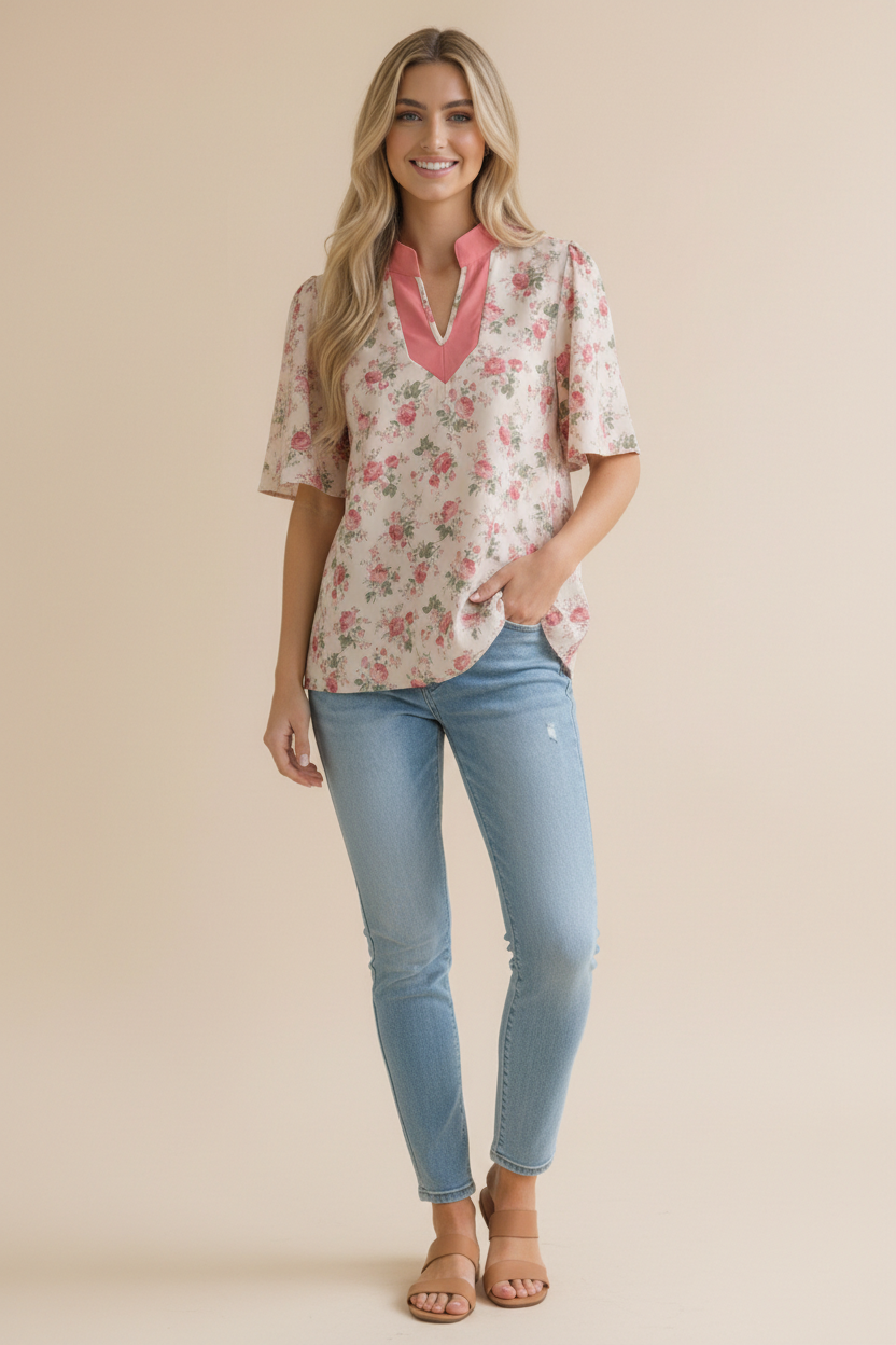 Haptics Blooming Season Split Neck Floral Blouse Womens