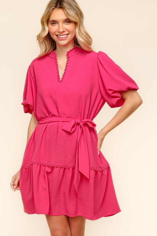 Haptics Fuchsia Notched Neck Balloon Sleeve Sash Belt Mini Dress