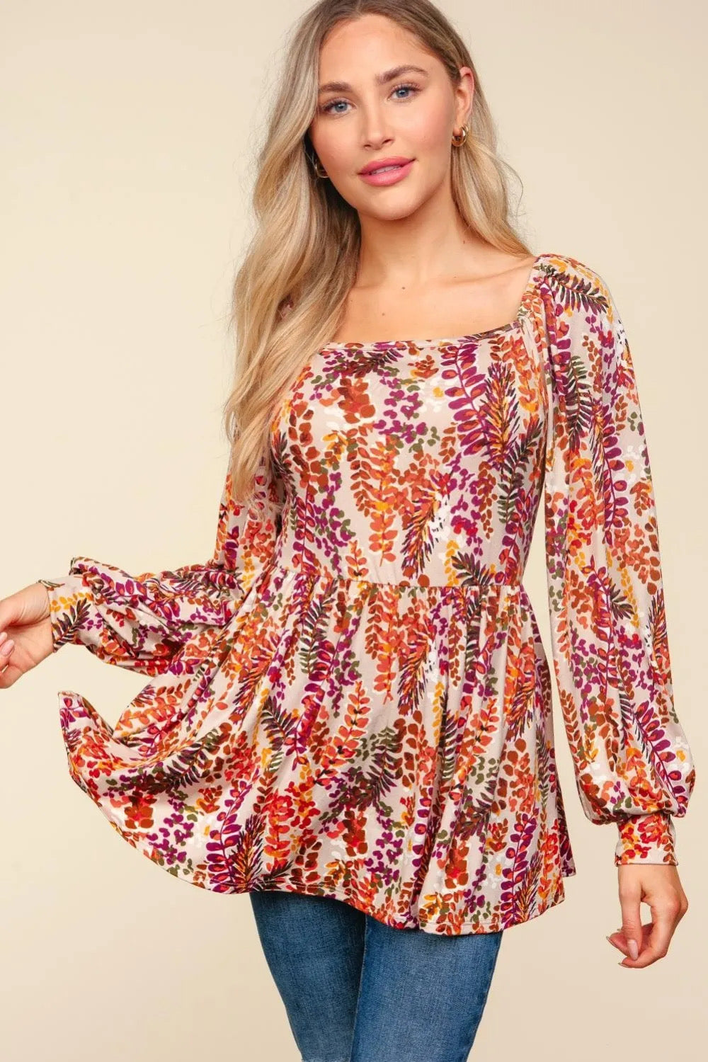 Haptics Taupe & Rust Floral Print Babydoll Bubble Sleeve Top Haptics