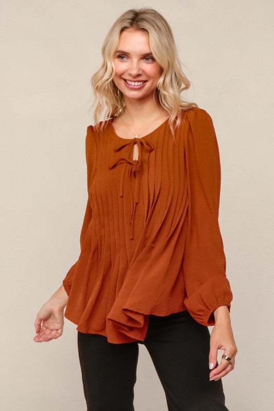 Haptics Rust Scoop Neck Solid Blouse with Ribbon Bow Detail