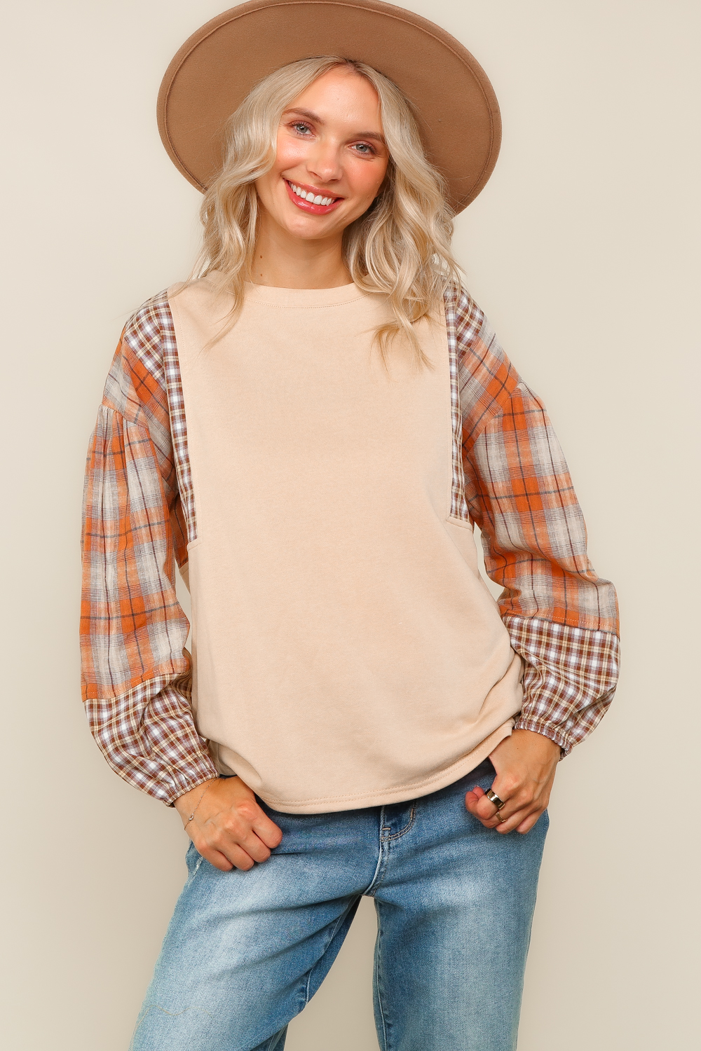 Haptics Oatmeal & Rust Plaid Balloon Sleeve Pullover