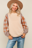 Haptics Oatmeal & Rust Plaid Balloon Sleeve Pullover