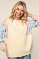 Haptics Solid Pullover Knit Top with Plaid Sleeves – Oatmeal/Blush/Blue Small