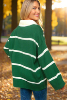 Haptics Fall For You Hunter Green Stripe Notched Neck Collared Oversized Sweater Haptics