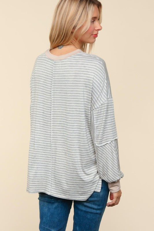 Haptics Spread Joy Grey & Ivory Striped Oversized Top