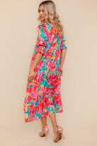 Haptics Orange & Aqua Floral Smocked Notched Neck Midi Dress