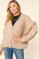 Haptics Oversized Oatmeal V Neck Fringe Chunky Cable Cardigan Sweater Haptics